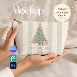 May include: A rectangular zippered pouch featuring a light green and white vertical striped pattern. The center displays a decorated Christmas tree with gift boxes, the text MERRY CHRISTMAS, and the words PEACE, LOVE, JOY below it.