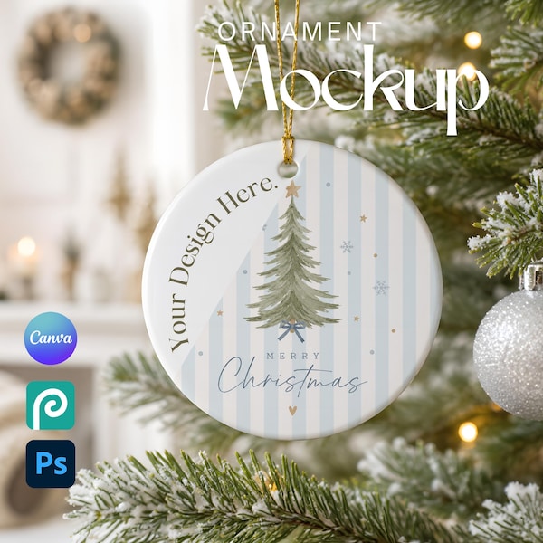 Christmas Ornament Mockup PSD, Round Ceramic Ornament Mockup, Photoshop Smart Object, Photopea & Canva PNG Mockup for Etsy Sellers
