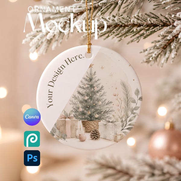 Christmas Ornament Mockup PSD, Round Ceramic Ornament Mockup, Photoshop Smart Object, Photopea & Canva PNG Mockup for Etsy Sellers