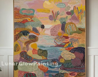 Landschap met zachte textuur, dromerige abstracte riviervalleikunst, kleurrijke geometrische oeverschildering.