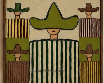 Abstract Cowboy Figures Oil Painting-Striped Neutral Figures Canvas-Modern Boho Southwestern Decor