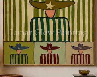 Retro cowboy Star Hat Oil Painting-Green Striped Western Folk Art-Minimalist Boho Wall Decor