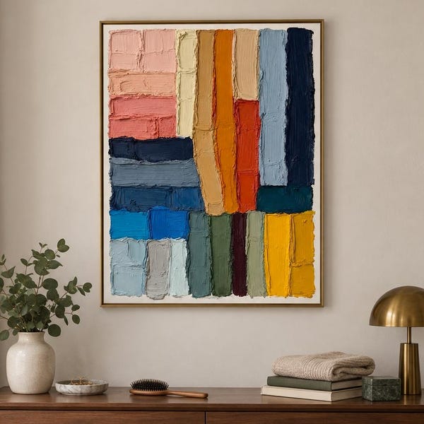 Abstract Oil Painting Canvas Art  Modern Geometric Block Wall Decor  Textured Mid Century Contemporary
