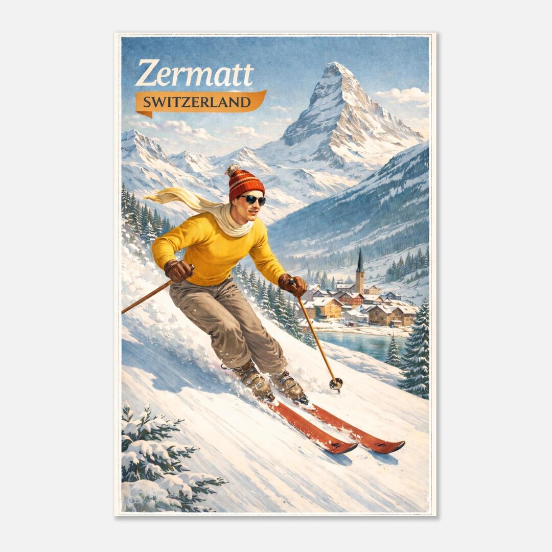 Zermatt Switzerland Vintage Travel Poster - Alpine Ski Wall Art, Retro ...