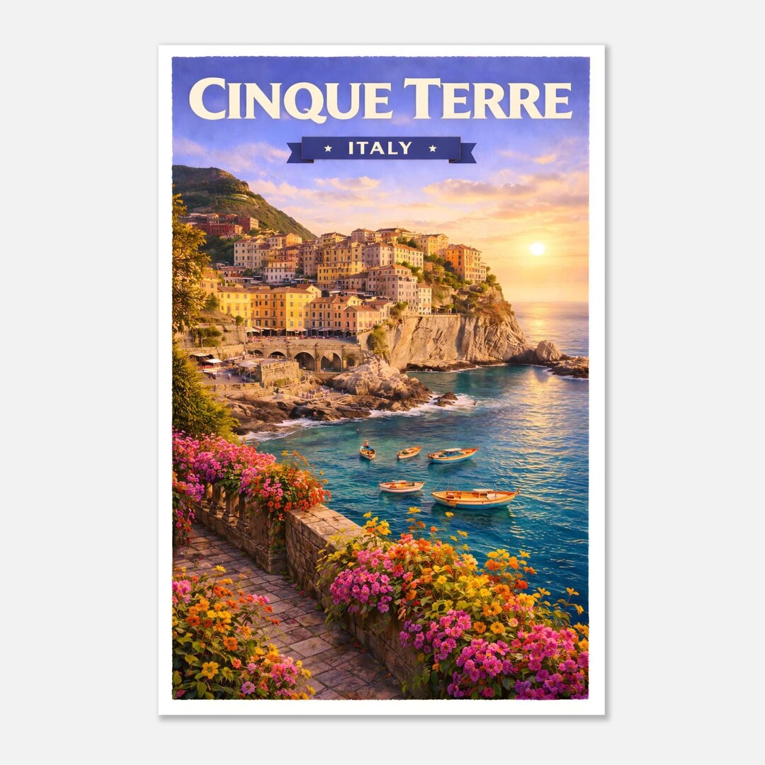 Cinque Terre Italy Vintage Travel Poster – Coastal Village Wall Art ...