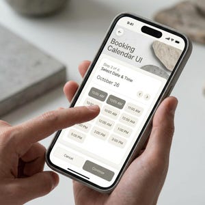 May include: A smartphone displaying a booking calendar UI interface. The screen shows a date selection for October 26th, with time slots from 10:00 AM to 3:00 PM. The phone is held in a gray case, and a finger is touching the screen.
