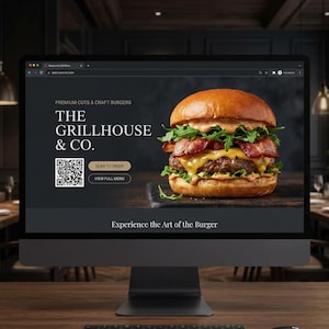 May include: A computer monitor displays a website for The Grillhouse & Co., showcasing a gourmet burger with bacon, cheese, and arugula. The website includes a QR code, and the text "Experience the Art of the Burger."