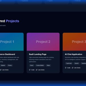 May include: A dark blue webpage design displaying three featured projects. Each project is presented in a coloured box with a title and brief description. The projects include an E-Commerce Dashboard, a SaaS Landing Page, and an AI Chat Application.