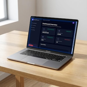 May include: A silver MacBook Pro laptop displaying a dark blue dashboard interface with white text. The screen shows inventory data, including sales figures and product counts. The laptop is on a light brown wooden table.