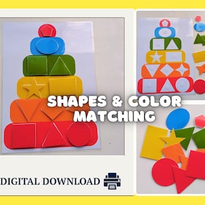 Peut inclure: Un jouet éducatif coloré pour l'association des formes et des couleurs. L'image montre une pile de formes géométriques rouges, oranges, jaunes, vertes et bleues. Le texte "SHAPES & COLOR MATCHING" est affiché.