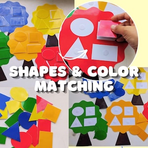 Op de afbeelding: Een kleurrijk educatief spel met de tekst "SHAPES & COLOR MATCHING". Het spel bevat boomvormige borden in verschillende kleuren, elk met uitsparingen voor het matchen van vormen. Bevat losse vormen in rood, geel, blauw, groen en oranje.