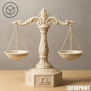 Puede incluir: Una balanza de justicia decorativa de color crema con un pilar central adornado con volutas y una base hexagonal que muestra el símbolo del zodiaco Libra. Dos cuencos poco profundos cuelgan de la barra transversal mediante cadenas.