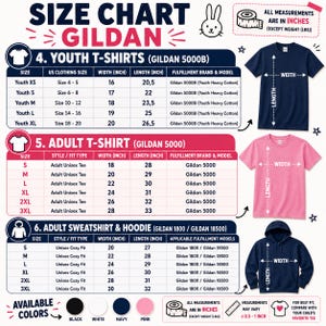 Puede incluir: Una tabla de tallas Gildan para camisetas juveniles, camisetas de adulto, sudaderas y sudaderas con capucha de adulto. La tabla muestra medidas de ancho y largo en pulgadas para varias tallas, junto con ilustraciones de una camiseta azul marino, una camiseta rosa y una sudadera con capucha azul marino.