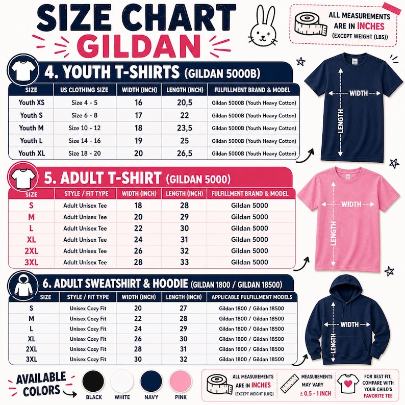 Puede incluir: Una tabla de tallas Gildan para camisetas juveniles, camisetas de adulto, sudaderas y sudaderas con capucha de adulto. La tabla muestra medidas de ancho y largo en pulgadas para varias tallas, junto con ilustraciones de una camiseta azul marino, una camiseta rosa y una sudadera con capucha azul marino.