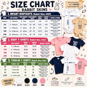 Puede incluir: Una tabla de tallas para bodys, camisetas de beb&eacute; y camisetas de ni&ntilde;o peque&ntilde;o de Rabbit Skins. La tabla muestra edad, peso, altura, ancho y largo en pulgadas. Incluye im&aacute;genes de camisetas blancas, beige, rosas y azul marino con etiquetas.