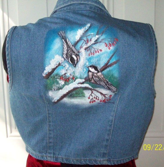 Vintage Denim vest with hand painted back patch v… - image 1