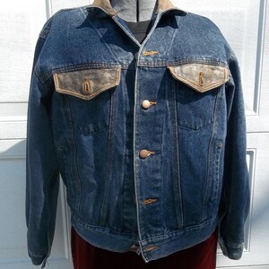 Vintage Blue Denim Jacket: Leather Collar, Cotton L (44" Chest)