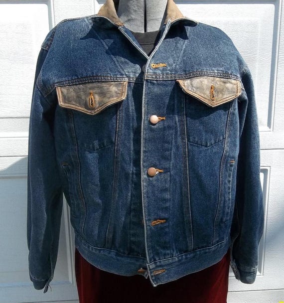 【Vintage】DENIM COAT / JACKET Vintage Blue Denim Jacket: Leather Collar, Cotton L (44