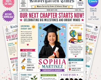 Kindergarten Abschluss Zeitungsvorlage, bearbeitbare Canva Kinder Abschluss Ankündigung, Grundschule Senior Andenken, digitaler Download