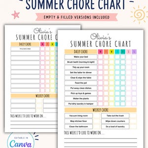 Tabla de tareas de verano editable para niños y adolescentes, lista de responsabilidades diarias y semanales, planificador de rutinas de verano, calendario de seguimiento de recompensas
