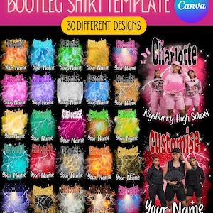 May include: A digital graphic design template for bootleg shirts. The design features 30 different customizable designs with lightning bolt effects and the words "Customise" and "Your Name". The image also includes the text "BOOTLEG SHIRT TEMPLATE" and "DIGITALLY MADE YOURS".