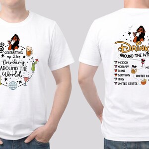 May include: White t-shirt with a colorful graphic design. The front features the text "Celebrating my 21st Drinking Around the World" with various drink illustrations. The back has "Drinking Around the World" and country icons.