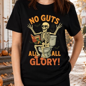 Funny Halloween Skeleton Shirts, Purple Spooky Season Tee, Sarcastic Toilet Humor T-Shirt, Cute Skeleton Reading Shirt, Funny Halloween Gift image 1