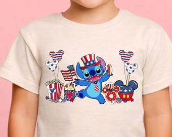 Stitch 4th of July Shirts,Patriotic America Flag Stitch Shirts,Disney Inspired Independence Day Kids Shirts,Stitch USA Fireworks Crew Shirts