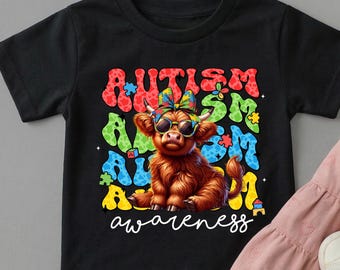 Camiseta de vaca de las Tierras Altas para la Concienciación sobre el Autismo, Camiseta infantil de vaca esponjosa y adorable, Camiseta retro apilada sobre el autismo, Camisetas juveniles sobre neurodiversidad, Regalo de vaca adorable con gafas