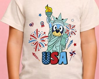 Bluey Statue of Liberty Shirts,4th of July Kids Tee,USA Patriotic Youth T-Shirt,Independence Day Outfit,Bluey USA Fourth of July Kids Shirts