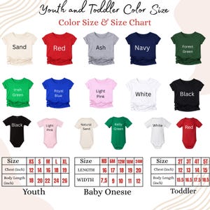 Puede incluir: Una tabla de colores y tallas para ropa de j&oacute;venes, beb&eacute;s y ni&ntilde;os peque&ntilde;os. La tabla muestra varios colores de camisetas y bodies, incluyendo rojo, azul marino y negro. Las medidas se proporcionan en pulgadas para el pecho y la longitud del cuerpo.