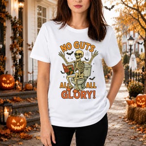 Funny Halloween Skeleton Shirts, Purple Spooky Season Tee, Sarcastic Toilet Humor T-Shirt, Cute Skeleton Reading Shirt, Funny Halloween Gift image 2