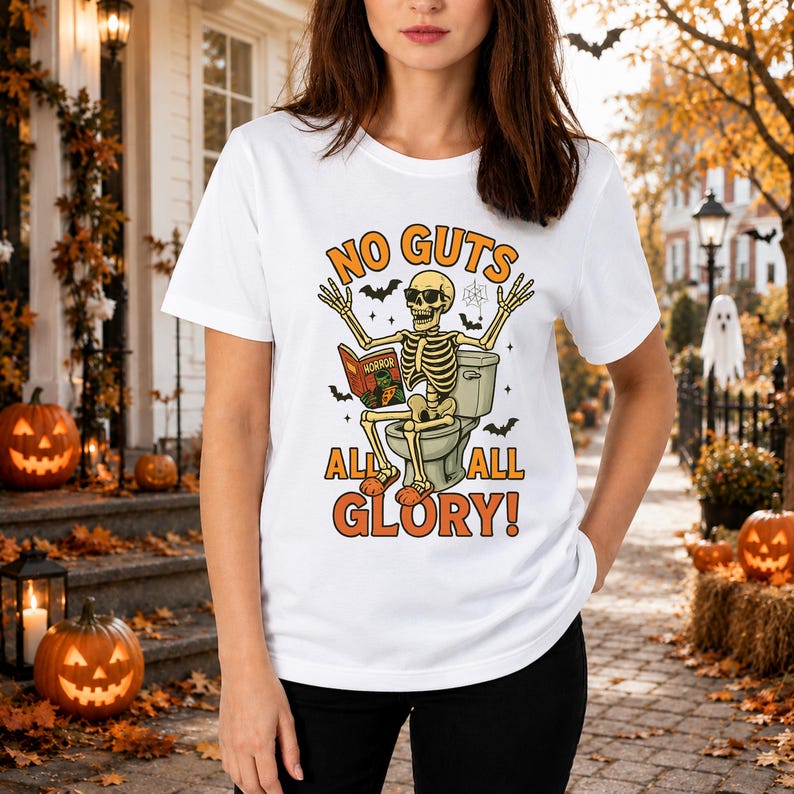 Funny Halloween Skeleton Shirts, Purple Spooky Season Tee, Sarcastic Toilet Humor T-Shirt, Cute Skeleton Reading Shirt, Funny Halloween Gift image 2