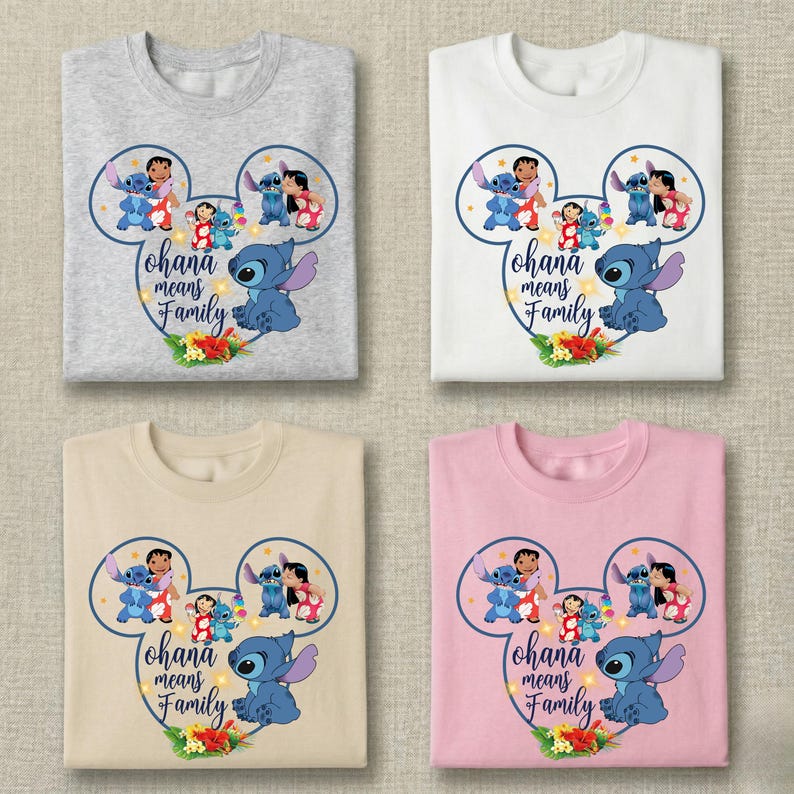 May include: Four t-shirts in gray, white, beige, and pink, each featuring a graphic of Stitch and Lilo inside a Mickey Mouse ear outline. The design includes the text Ohana means Family, yellow stars, and colorful tropical flowers at the base.