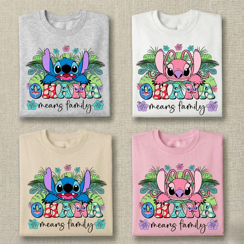 May include: Four crew neck t-shirts in gray, white, beige, and light pink. Each features a graphic of Stitch or Angel surrounded by tropical leaves and hibiscus flowers, with the text "OHANA means family" in colorful, patterned lettering.