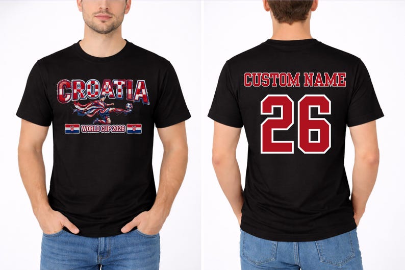 May include: Black t-shirt with "CROATIA" in red and white, a soccer player graphic, and "WORLD CUP 2026". The back features "CUSTOM NAME" and the number "26" in red with a white outline.
