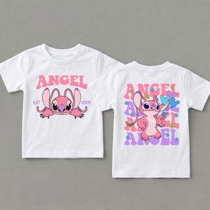 Pink Angel Est 2004 Shirt,Back Print Disney Youth Tee,Disneyland Family Vacation Apparel,Cute Stitch Girlfriend Gift,Retro Cartoon Kids Tees image 2