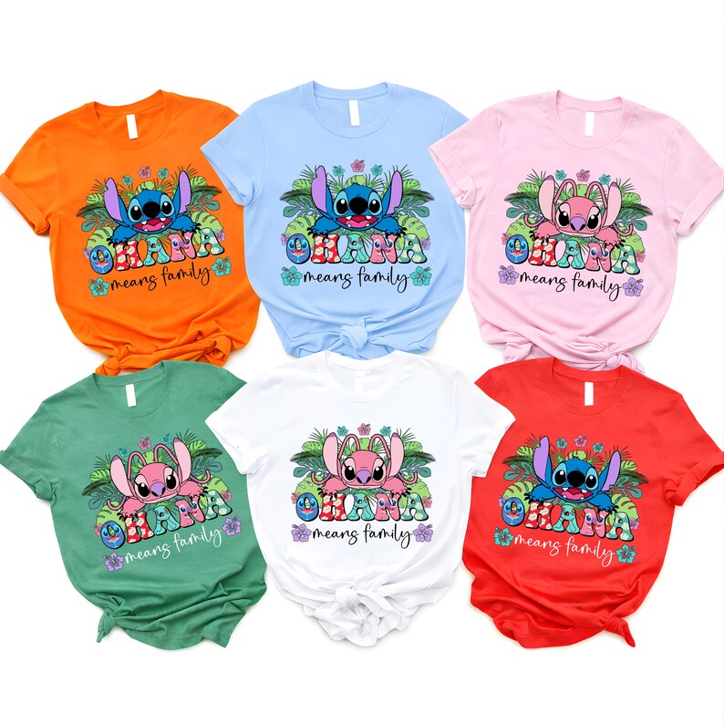 May include: Six short-sleeved t-shirts in orange, light blue, pink, green, white, and red. Each shirt features a graphic of Stitch or Angel surrounded by tropical leaves and flowers, with the text "OHANA means family" in colorful letters.