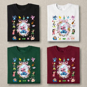 May include: Four t-shirts in black, white, dark green, and maroon, each featuring a central oval frame with Stitch and Angel characters, surrounded by a floral wreath, a pink bow, and various small Lilo and Stitch themed icons and characters.