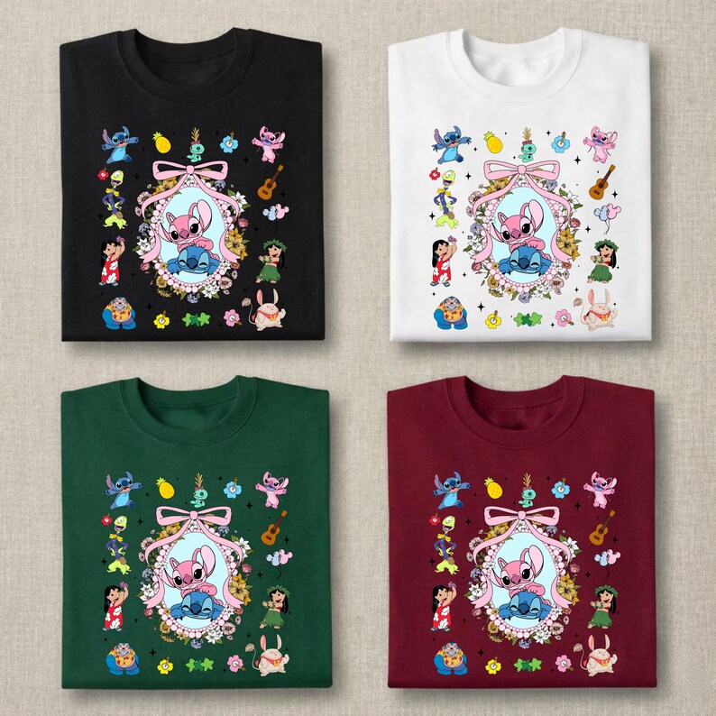 May include: Four t-shirts in black, white, dark green, and maroon, each featuring a central oval frame with Stitch and Angel characters, surrounded by a floral wreath, a pink bow, and various small Lilo and Stitch themed icons and characters.