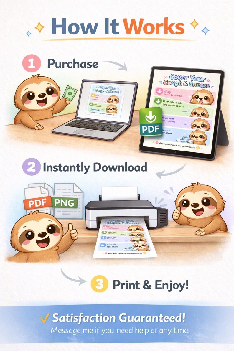 Sloth Printers Sneeze Etiquette Poster for Kids | Cover Your Cough and Sneeze Chart ...