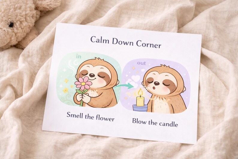 Calm Down Corner Printable Poster for Kids | Breathing Exercise Sloth ...