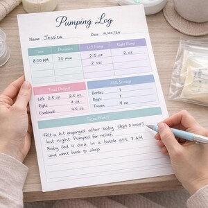 May include: A "Pumping Log" sheet with handwritten notes, a breast pump, and a bottle. The log includes time, duration, and output measurements in fluid ounces. The text reads "Felt a bit engorged after baby slept 5 hours last night."