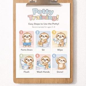 Peut inclure: Un presse-papiers en bois avec un guide imprimé pour l'apprentissage de la propreté. Le guide présente un paresseux de dessin animé démontrant les étapes : Pants Down, Sit, Wipe, Flush, Wash Hands et Done ! Le texte indique "Potty Training!" et "Easy Steps to Use the Potty!"