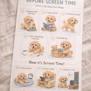 Before Screen Time Routine Chart for Kids – Puppy Printable Toddler Visual Schedule, Screen Time Rules, Montessori Daily Routine Poster