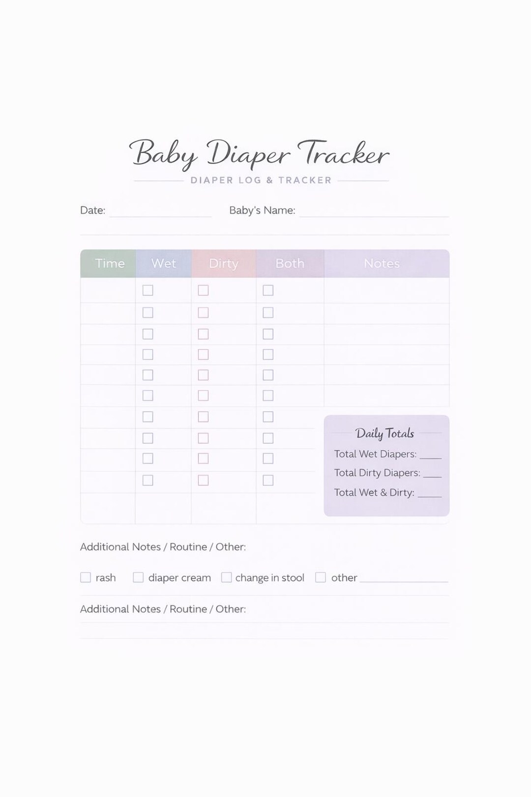 Baby Diaper Tracker Printable | Diaper Log for Newborn | Daily Baby ...