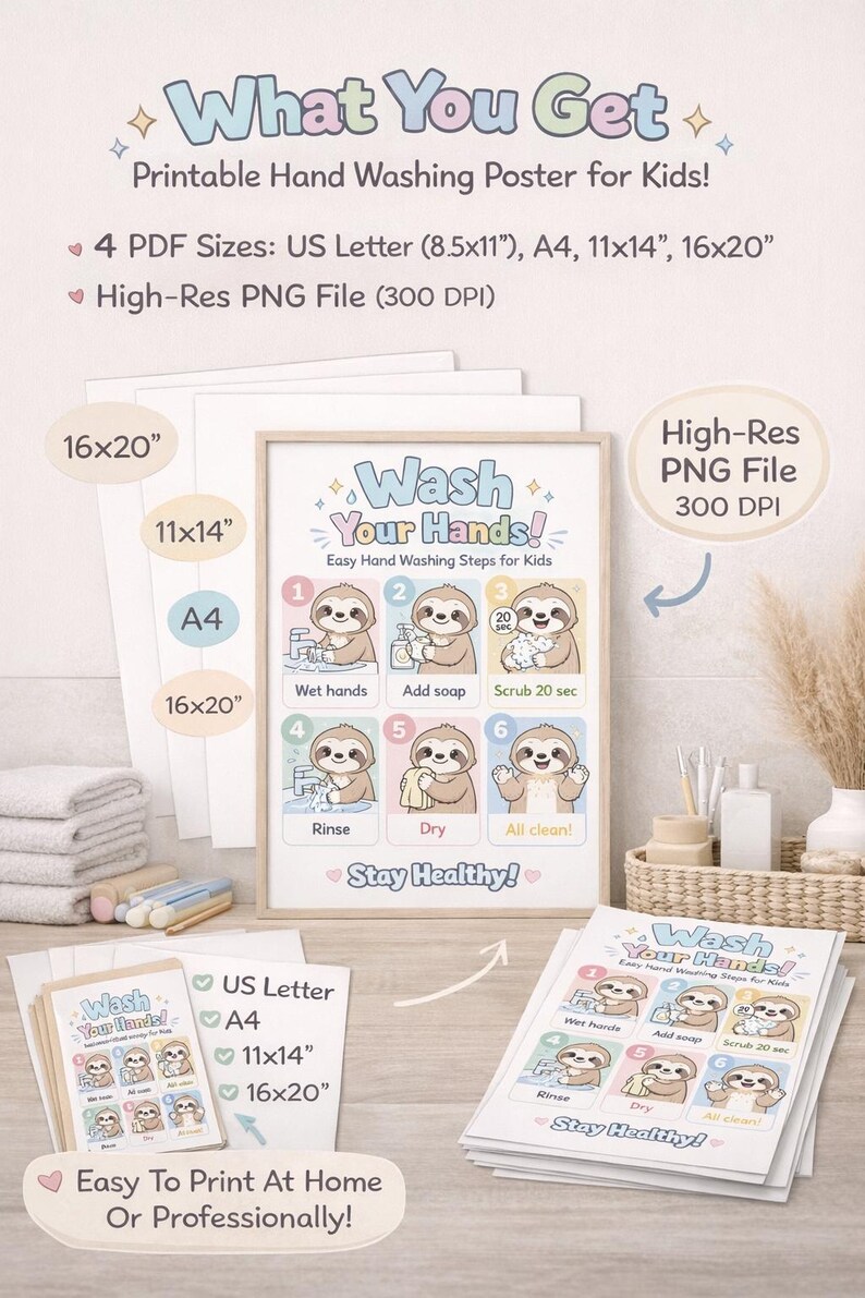 Cute Sloth Hand Washing Poster for Kids Bathroom | Printable Preschool ...