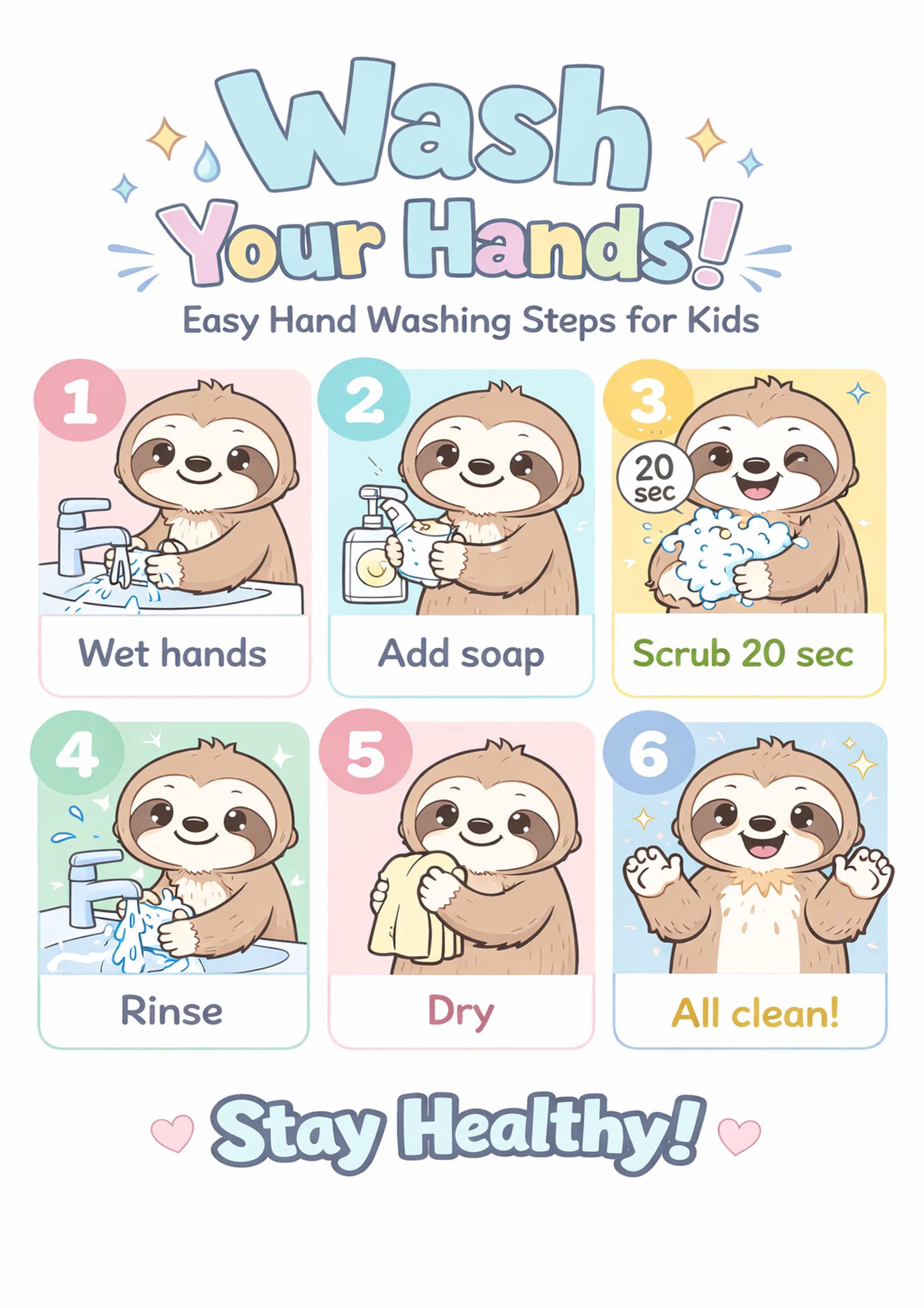 Cute Sloth Hand Washing Poster for Kids Bathroom | Printable Preschool ...