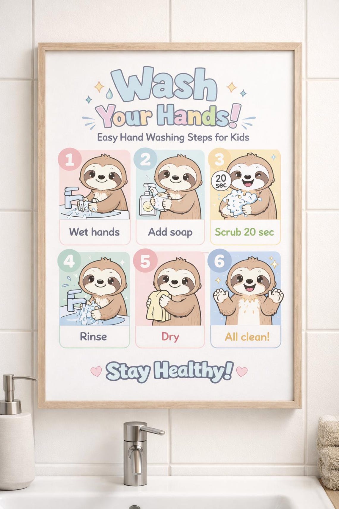Cute Sloth Hand Washing Poster for Kids Bathroom | Printable Preschool ...