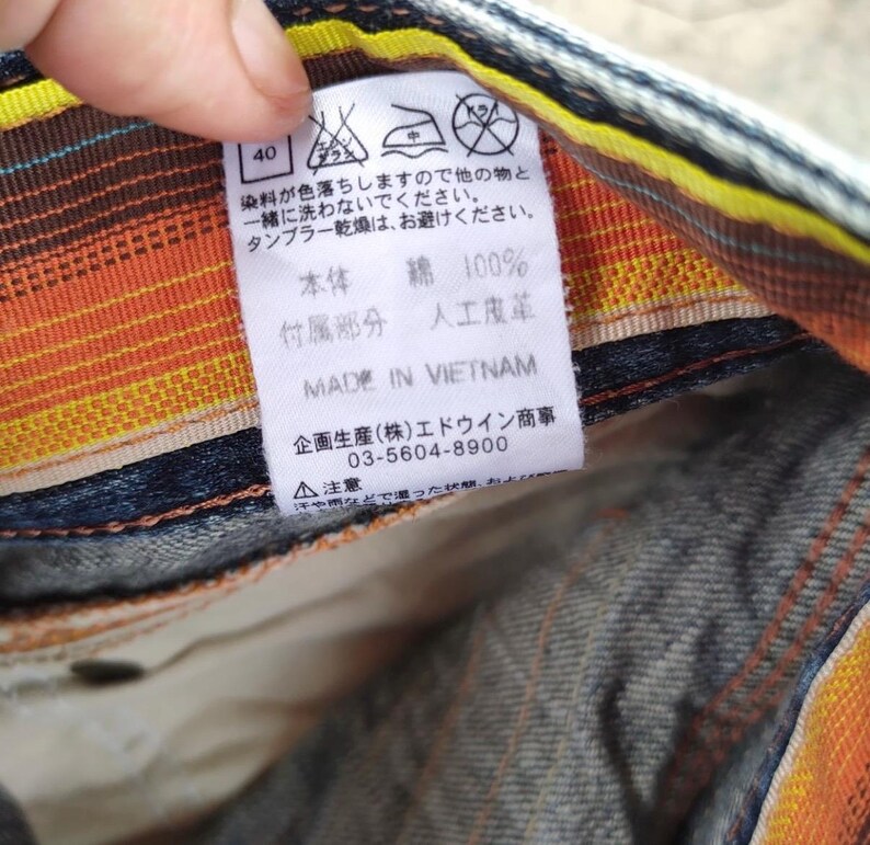 ヴィンテージ エドウィン ブルー トリップ リップド デニム ジーンズ パンツ W34x30 画像 15
